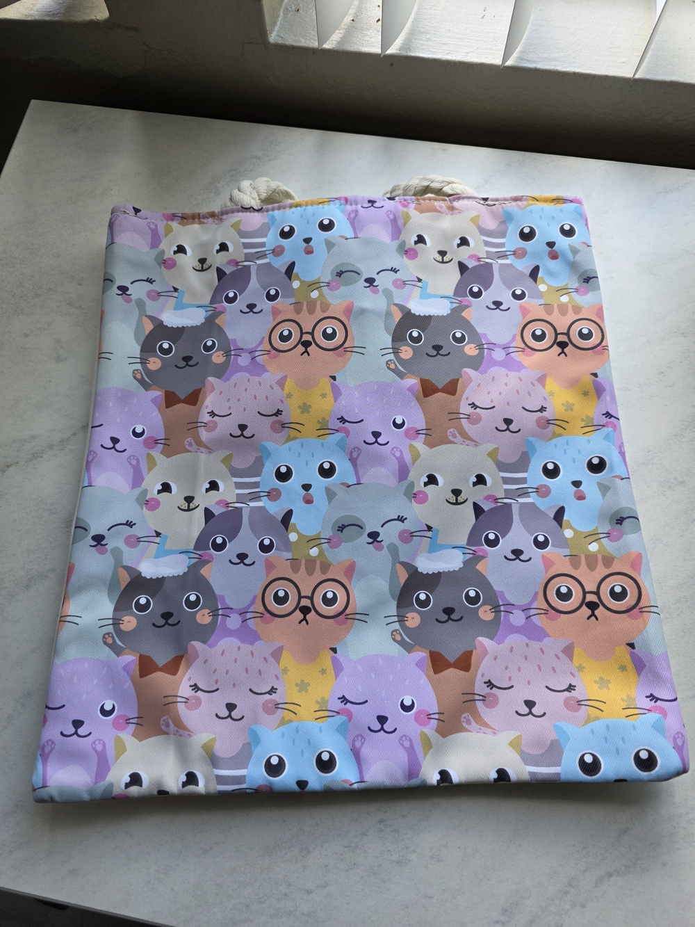 Cat Pattern Rope Tote Bag - Pastel Multicolor